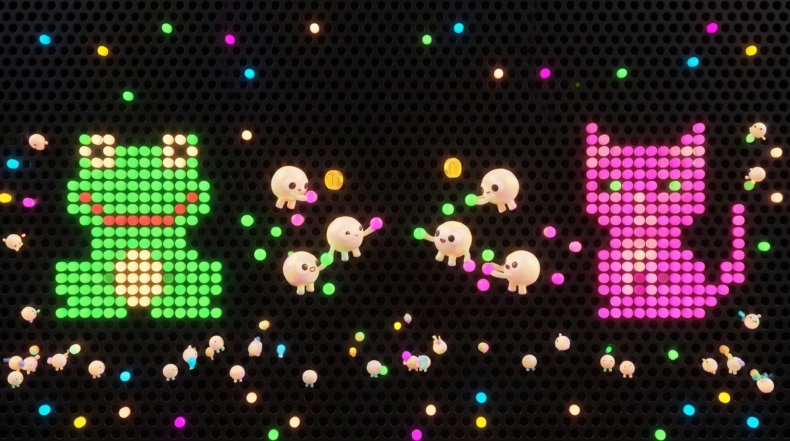 Dots fighting over the board, coins flying
