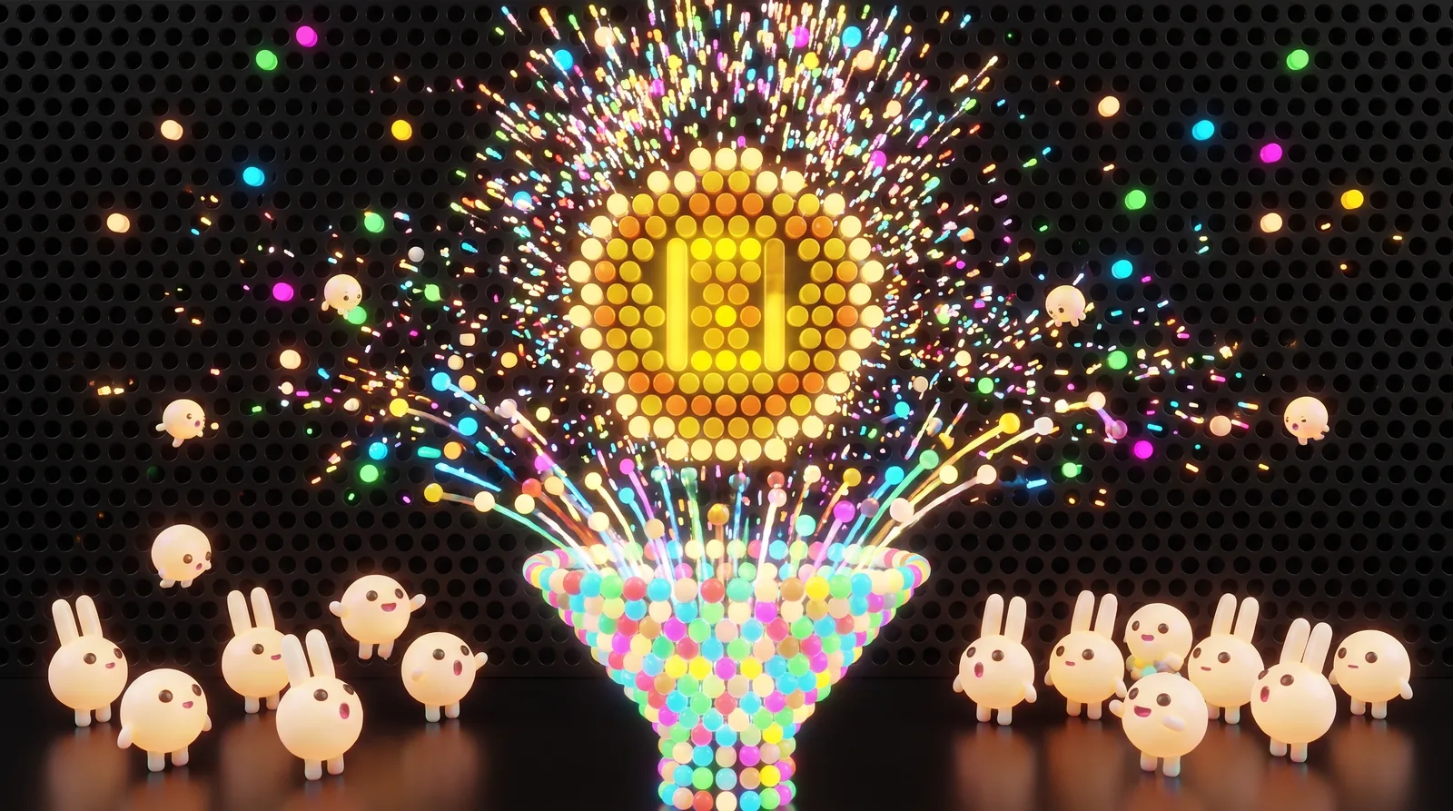 Pegs pouring into a funnel and bursting into a burning coin